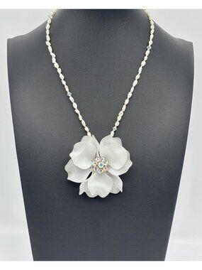 Rice Pearls Swarovski Crystal Necklace Repurposed Vintage You & i Flower Pendant